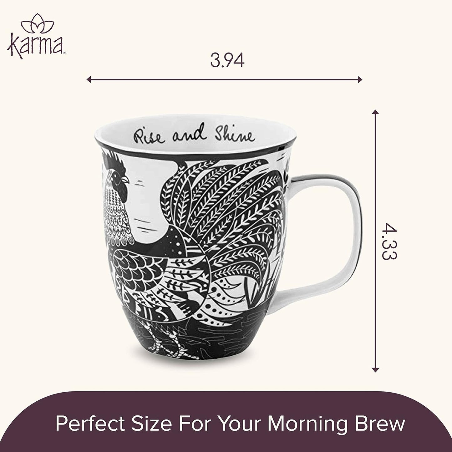 Karma Gifts 16 oz Black and White Boho Mug Rooster - Cute Coffee and Tea Mug - Ceramic Coffee Mugs for Women and Men
