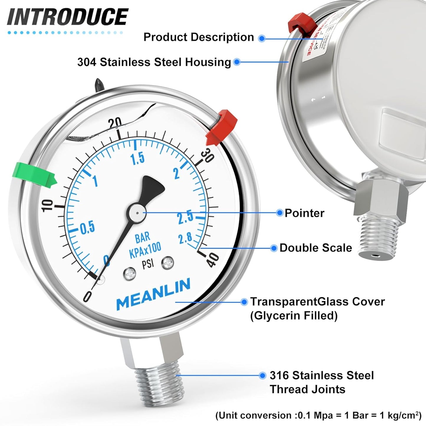 MEANLIN MEASURE 0~40Psi Liquid Filled Pressure Gauge Stainless Steel 2.5" FACE DIAL 1/4" NPT 316 Stainless Steel Joint for Pool Sand Filter Water Oil Air Pressure Test Lower Mount, with 2PCS Snaps