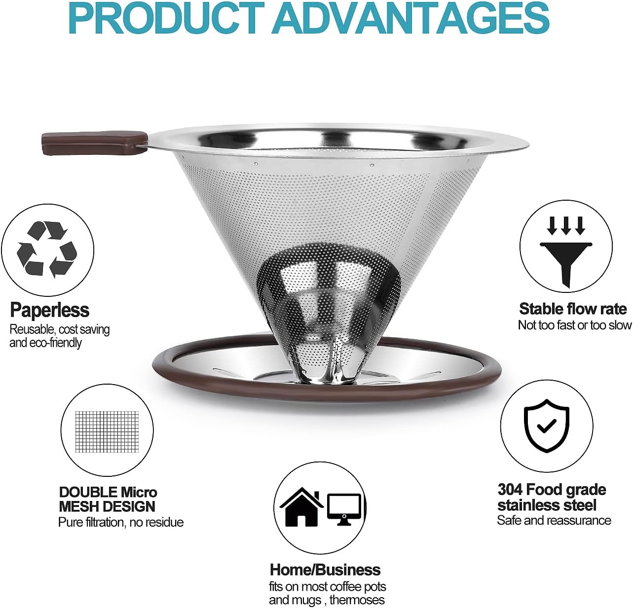 Pour Over Coffee Dripper, Reusable Paperless Coffee Filter,Professional Stainless Steel Drip Cone Brew Coffee Strainer,Upgraded Double Micro Mesh Filter with Cup Stand,1-4 Cup