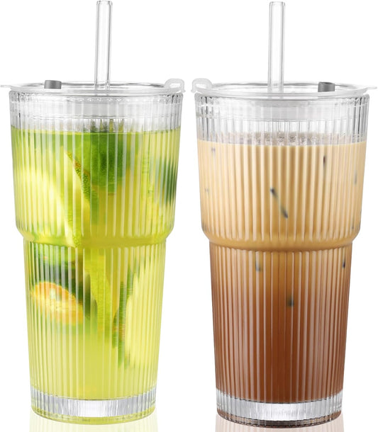 20 Oz Glass Cups with Lid and Straw 2 Set, Glass Tumbler with Straw and Lid, Vintage Glassware for Whiskey Cocktail Beer, Iced Coffee Cups with Lid (2 PACK)