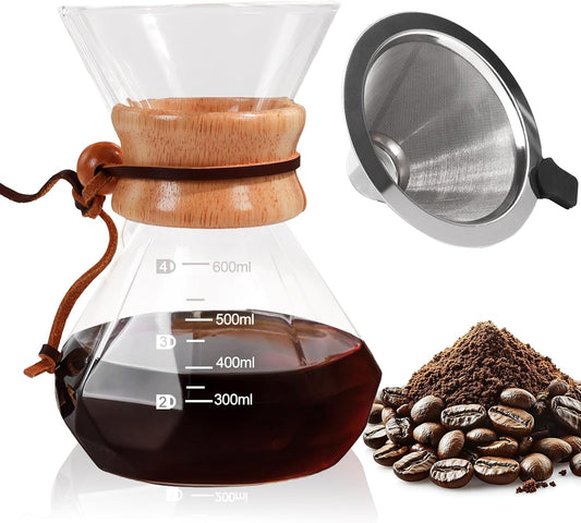 Pour Over Coffee Maker 600ml with 304 Stainless Steel Filter and Wooden Collar Holder Borosilicate Glass Drip Coffeemaker Server Set Clear Hand Brew Dripper Carafe for Home Camping Travel 20.3oz