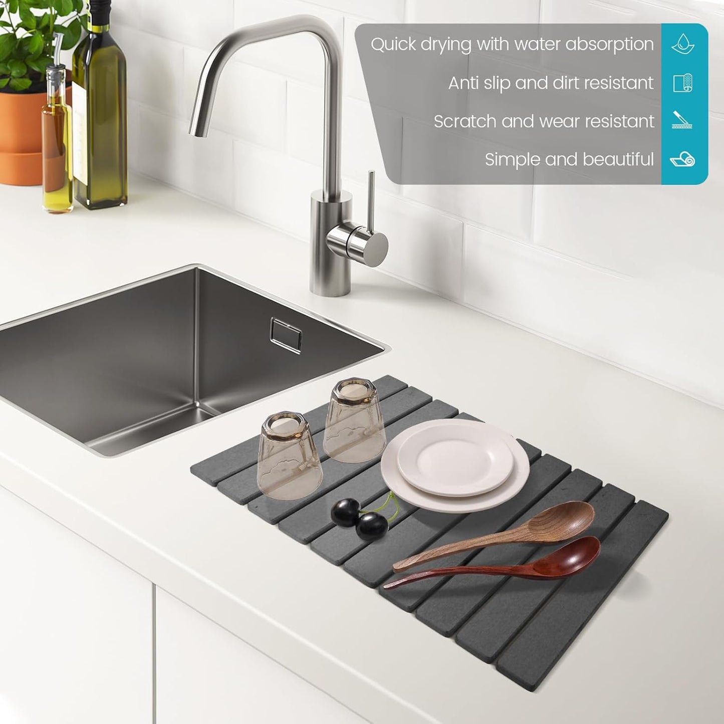 Extral Large Quick Dry Stone Drying Mat for Kitchen Counter,24"(L)x16"(W) Collapsible Eco-Friendly Absorbent Diatomaceous Earth Mat for Dishes Cups,Dish Drying Mats for Any Countertop ﻿