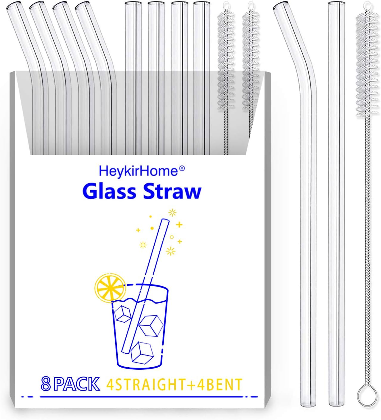 8-Pack Reusable Glass Straw,Size 8.5''x10 MM,Including 4 Straight and 4 Bent with 2 Cleaning Brush- Perfect For Smoothies, Tea, Juice