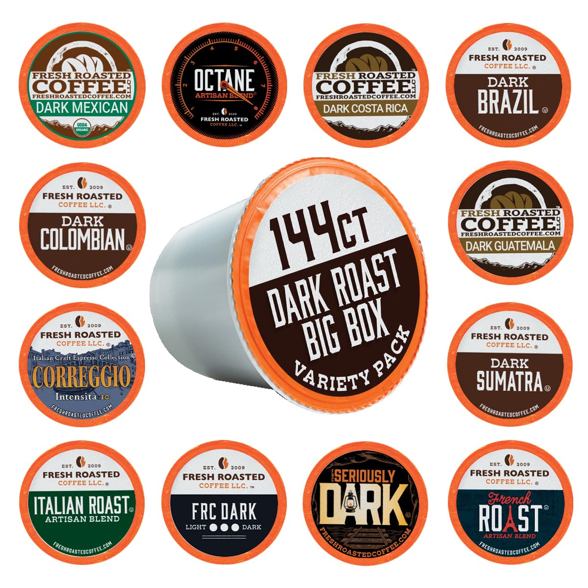 Fresh Roasted Coffee, Dark Roast Big Box Variety Pack, K-Cup Compatible, 144 Count