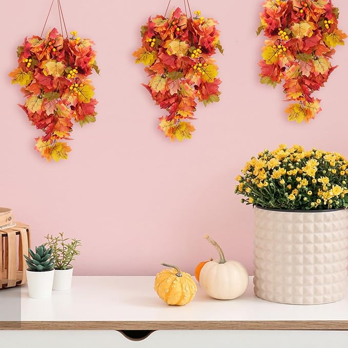 RECUTMS Fall Leaves Hanging Plant Artificial Fall Leaves Garland with Berry Fake Autumn Wall Hanging Leaf Vines for Home Halloween Party Door Frame Fireplace Decoration(Orange with Berry)