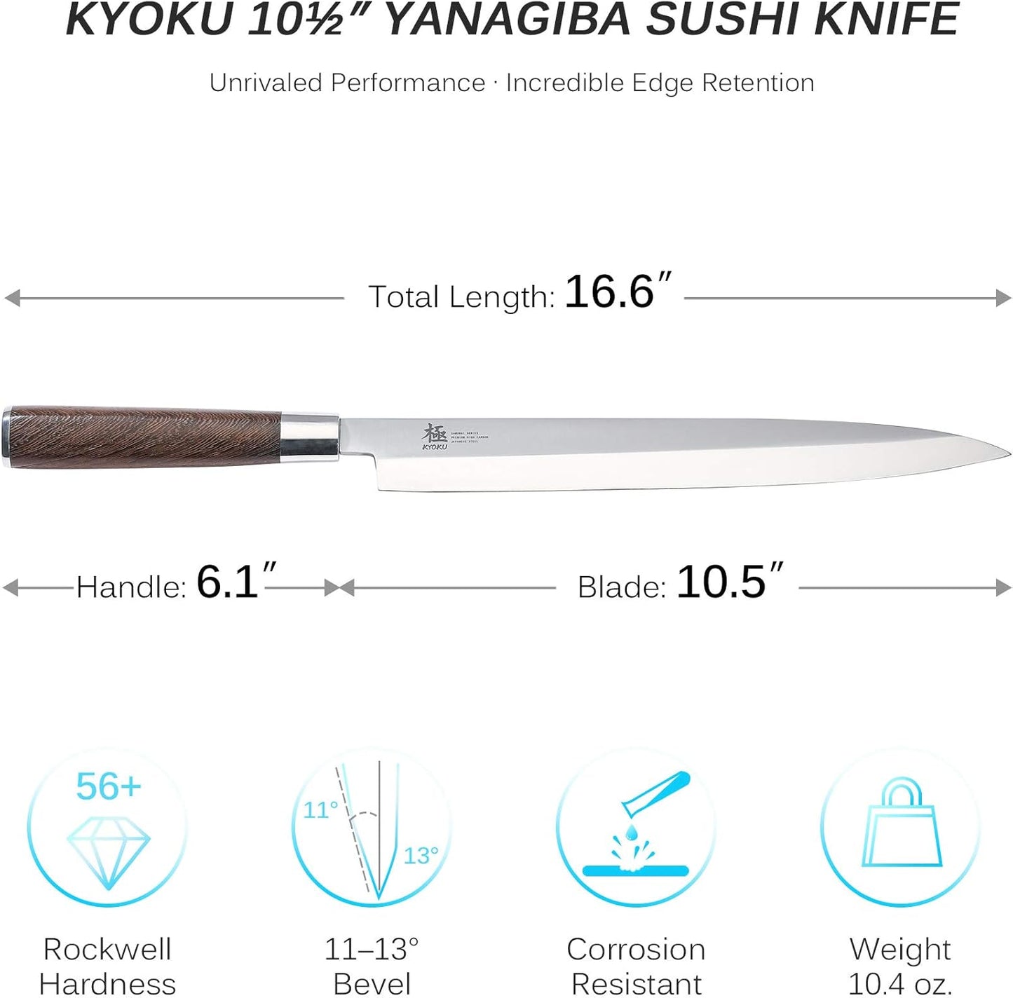 KYOKU Samurai Series - 10.5" Yanagiba Knife Japanese Sushi Sashimi Knives - Superior Japanese Steel - Wenge Wood Handle - with Case