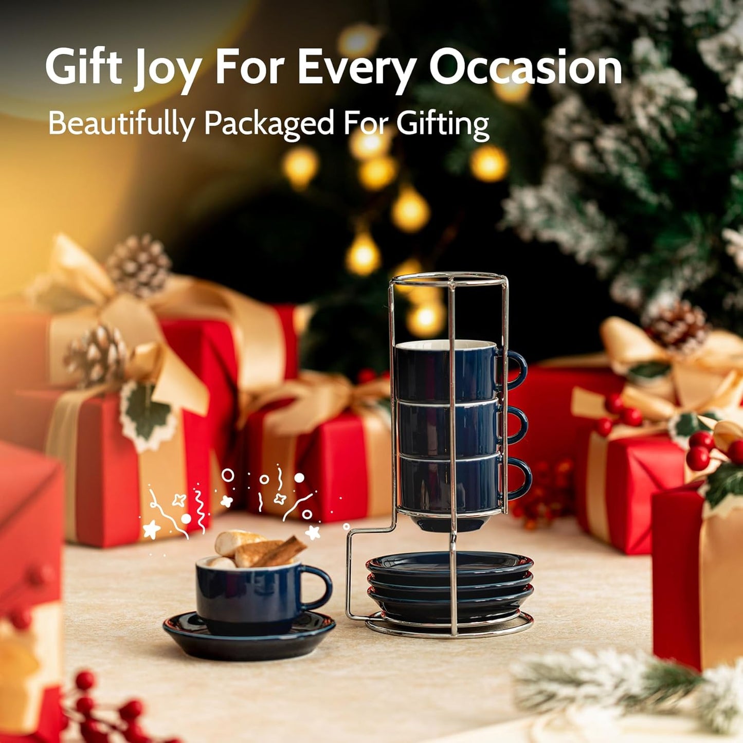 Sweese 2.5 Ounce Porcelain Stackable Espresso Cups with Saucers and Metal Stand Set of 4, Navy