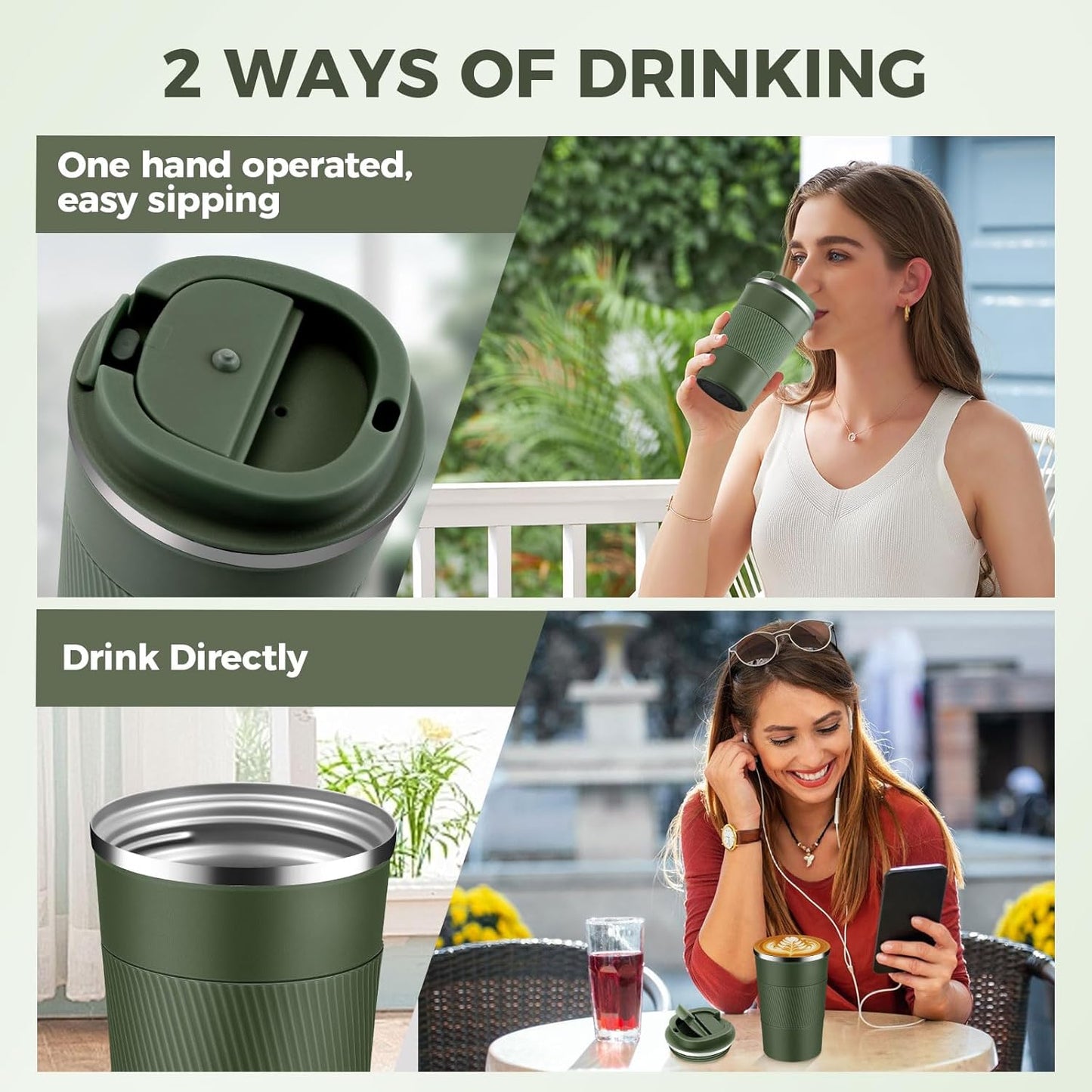 Volhoply 13 oz Stainless Steel Insulated Travel Coffee Mug with Fip Lid Bulk 2 Pack,Reusable Double Wall Vacuum Metal Coffee Cup,Portable Leak Proof Thermal Tumbler for Hot & Cold Drinks(Army Green,2)