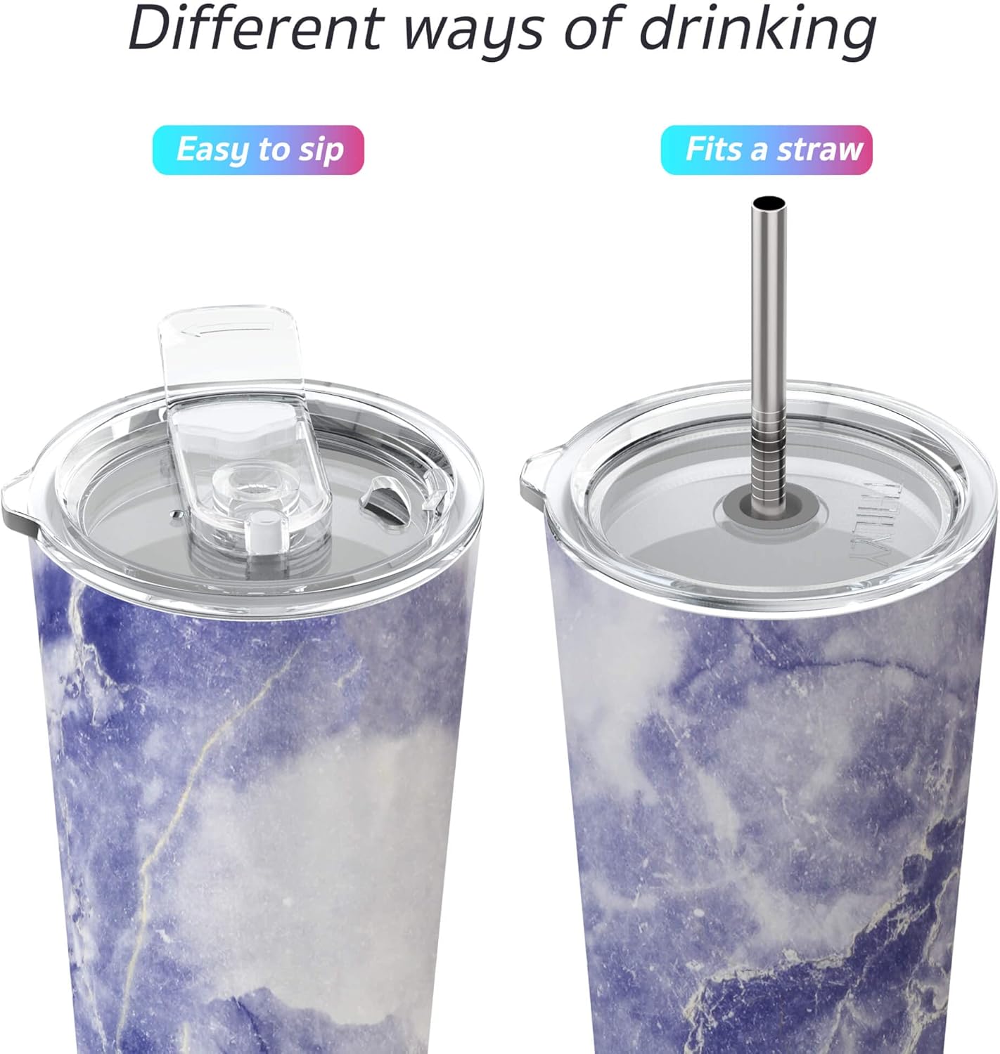 THILY Stainless Steel Vacuum Insulated Tumbler Travel Mug 26 oz Coffee Cup with 2 Lids and Straws, Splash Proof, Keep Ice Drinks Cold, Blue Marble