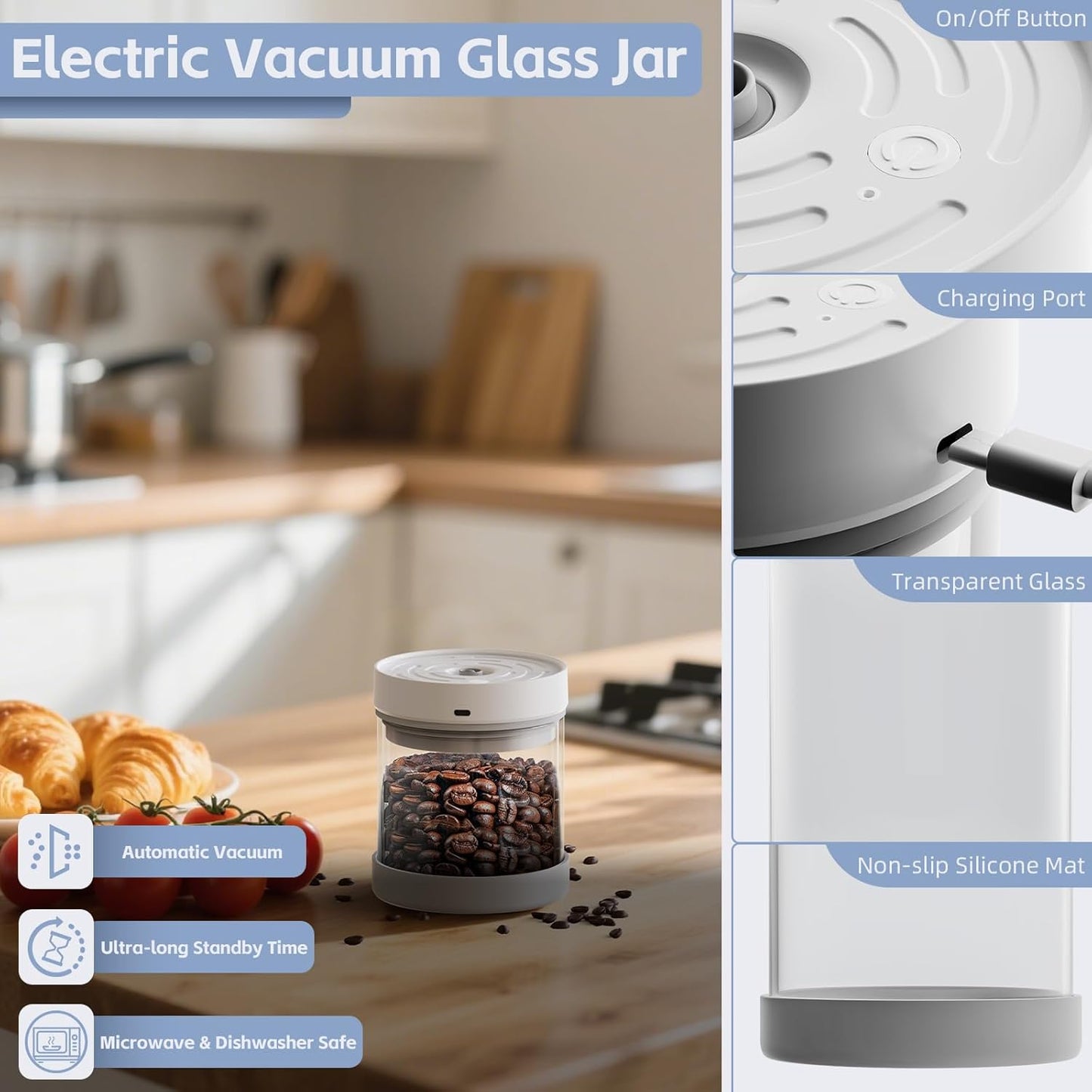 Auto Vacuum Coffee Container, 700ML/10oz Airtight Food Storage Containers, Coffee Bean Storage Canister, Glass Storage Jars for Beans & Food