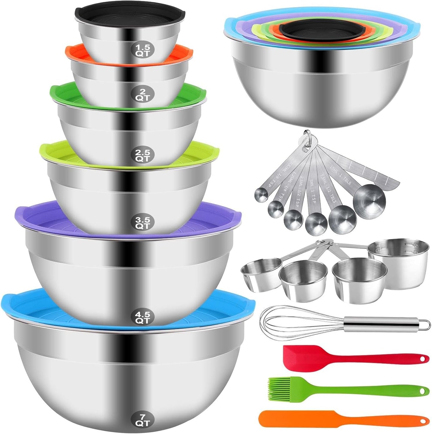 Mixing Bowls with Lid Set, 27PCS Kitchen Utensils Metal Bowl Stainless Steel Nesting Bowls, Measuring Cups and Spoons, Egg Whisk for Baking