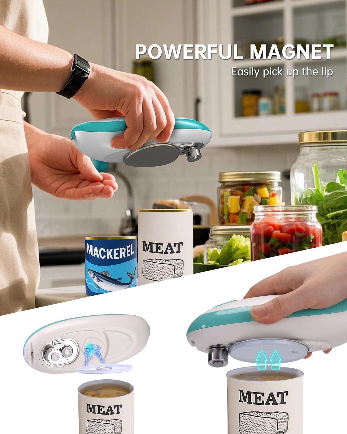 CIRCLE JOY Electric Can Opener, One-Touch Automatic Can Opening with Smooth Edges, Food Safety Handheld Battery-Operated Can Opener for Kitchen and Seniors, Green