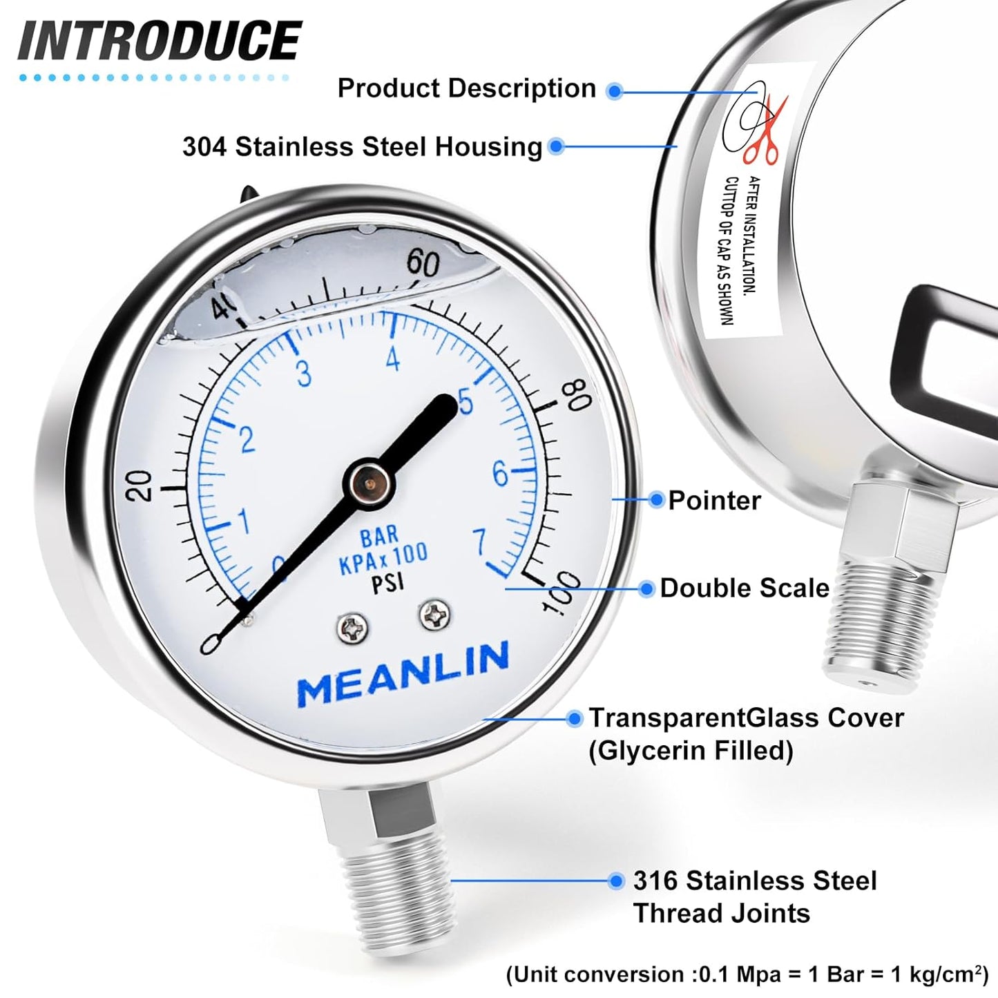 MEANLIN MEASURE 0~100Psi Liquid Filled Pressure Gauge Stainless Steel with 316 Stainless Steel Joint 1/4" NPT 2.5" FACE DIAL for Well Pump Tire Water Pressure Tester Lower Mount