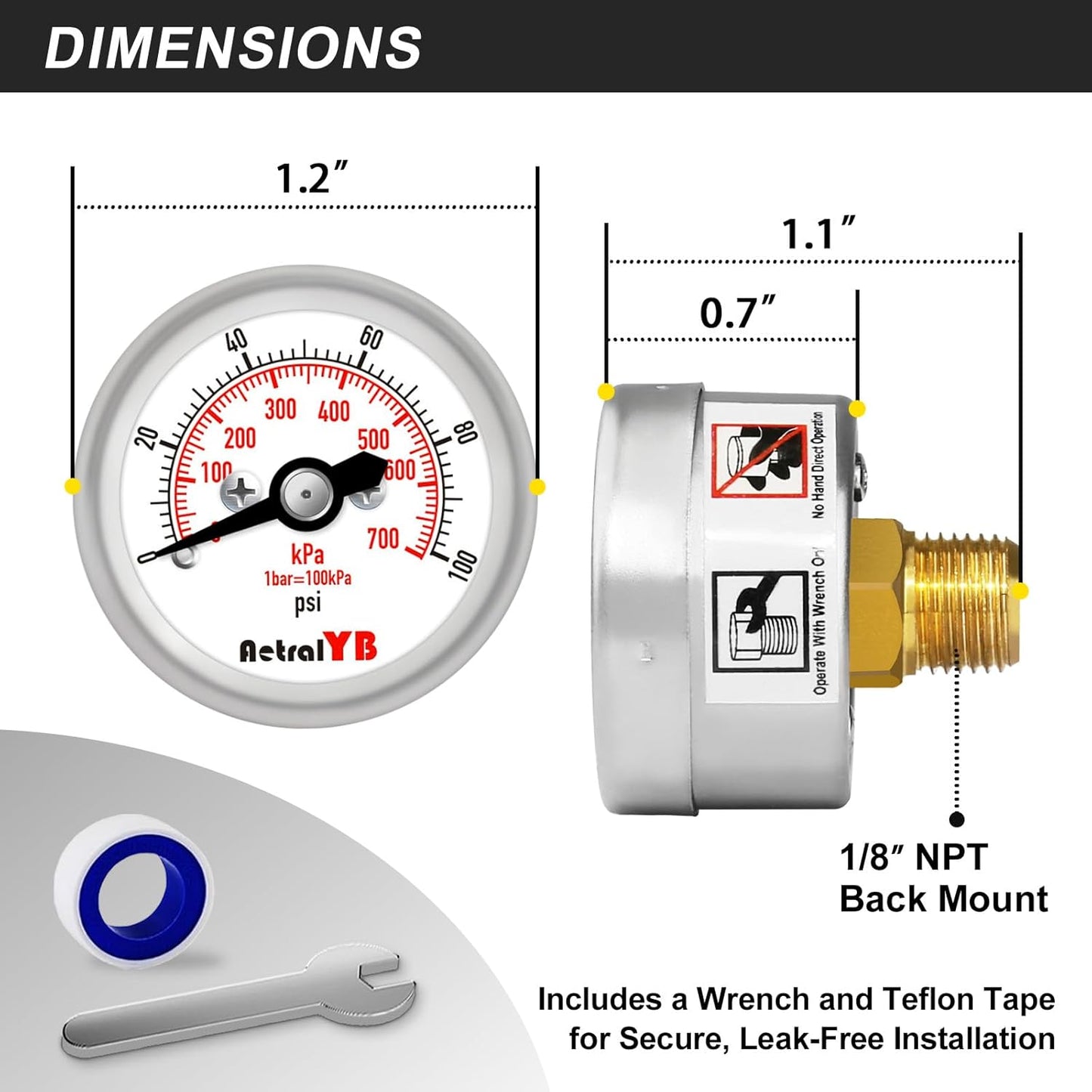 100Psi/700Kpa Mini Pressure Gauge,Stainless Steel Housing,Brass Internal,1.2 Inch Dial,NPT 1/8" Back Mount,Dry Type, Lead-Free Material,for Air,Water,Oil Pressure Test