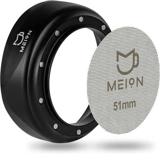 MEION 51mm Espresso Dosing Funnel and 51mm Puck Screen Set for 51mm Portafilters, Magnetic Coffee Portafilter Funnel, Reusable Espresso Puck Screen, Espresso Tools Espresso Accessories (51mm, Black)