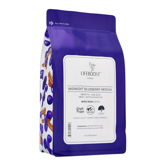 Lifeboost Midnight Blueberry Mocha Whole Bean Coffee - Non-GMO Wild Blueberry Low Acid Single Origin Coffee Beans - Third Party Tested For Mycotoxins & Pesticides - 12 Ounces