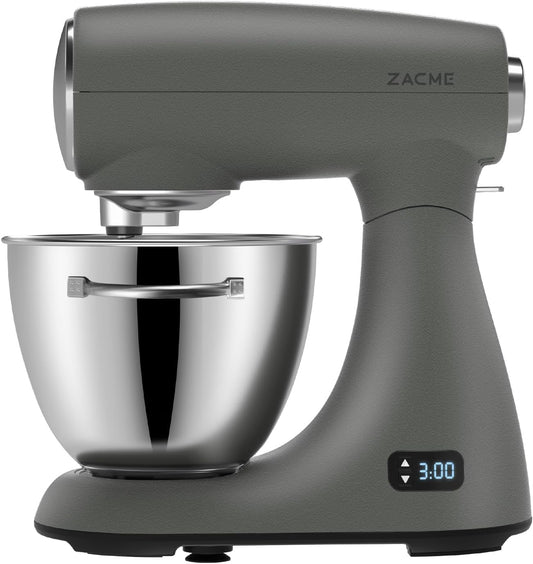 ZACME Mixers Kitchen Electric Stand Mixer 5.5QT 600W, Aluminum die casting and Gears, Dual Cooling System, Low Noise, DC Motor, LED Display and Timing Function, Tilt-head Metal Food Mixer, Grey