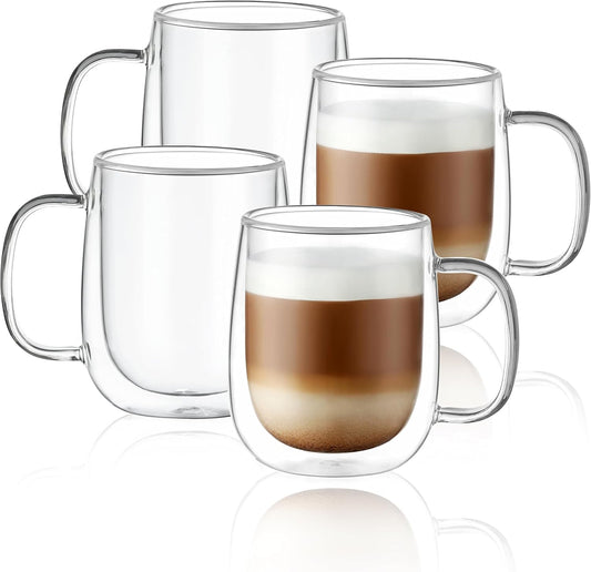 CNGLASS Glass Coffee Mugs 12oz,Double Wall Insulated Mug Set with Handle,Clear Glass Espresso Mugs for Latte,Cappuccino,Tea Bag,Hot and Cold Beverages,Set of 4