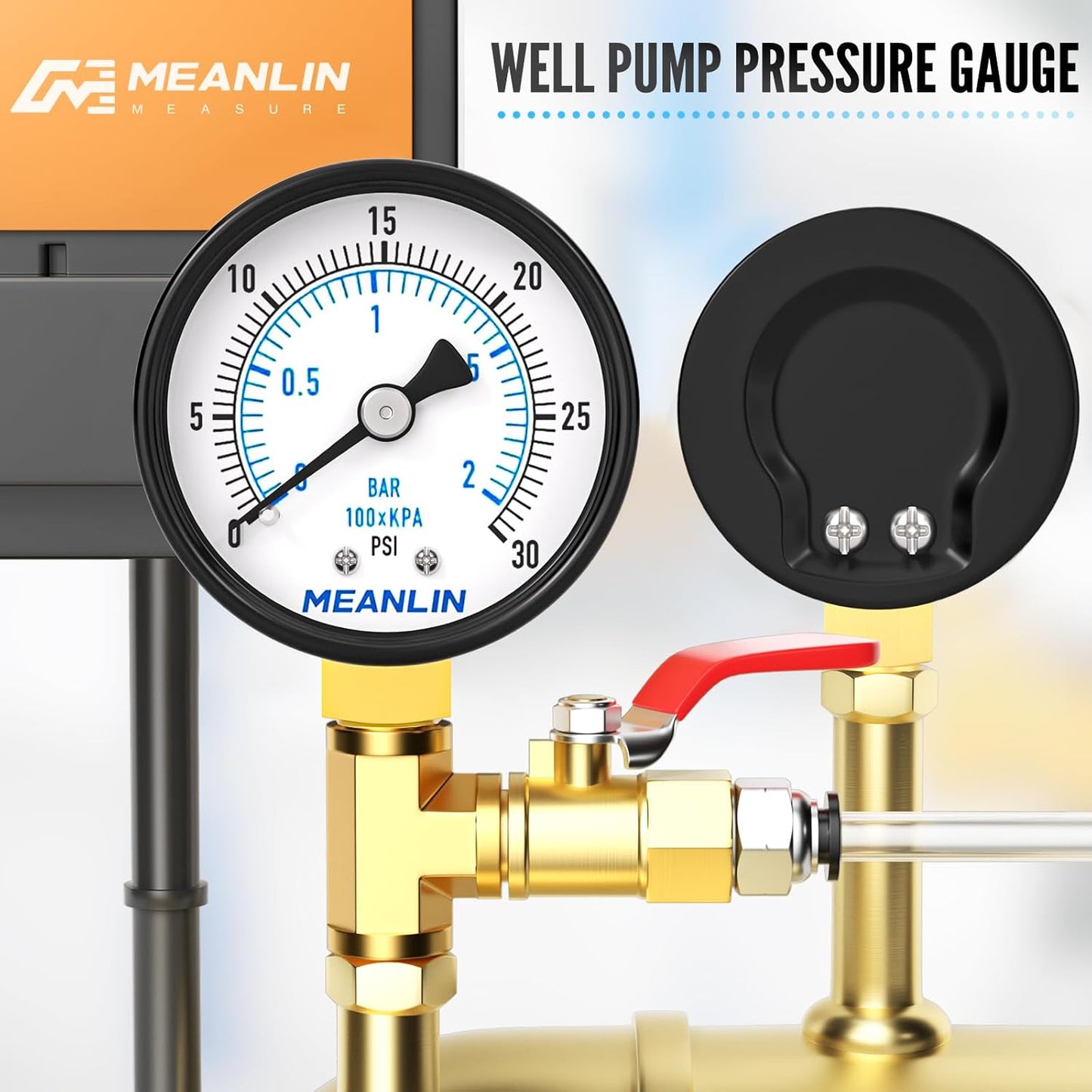 MEANLIN MEASURE 0-30Psi 2" DIAL FACE 1/8" NPT Well Pump Pressure Gauge, with 1/4" NPT and 3/8" NPT Hex Bushing, 3-2-3% Accuracy, Lower Mount