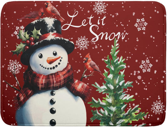 Let It Snow Winter Snowflake Red Dish Drying Mat for Kitchen Counter,Xmas Trees Snowman Cardinal Bird Drying Mat 18 x 24 Inch with High Absorbent Microfiber Drainer Mat for Coffee Bar