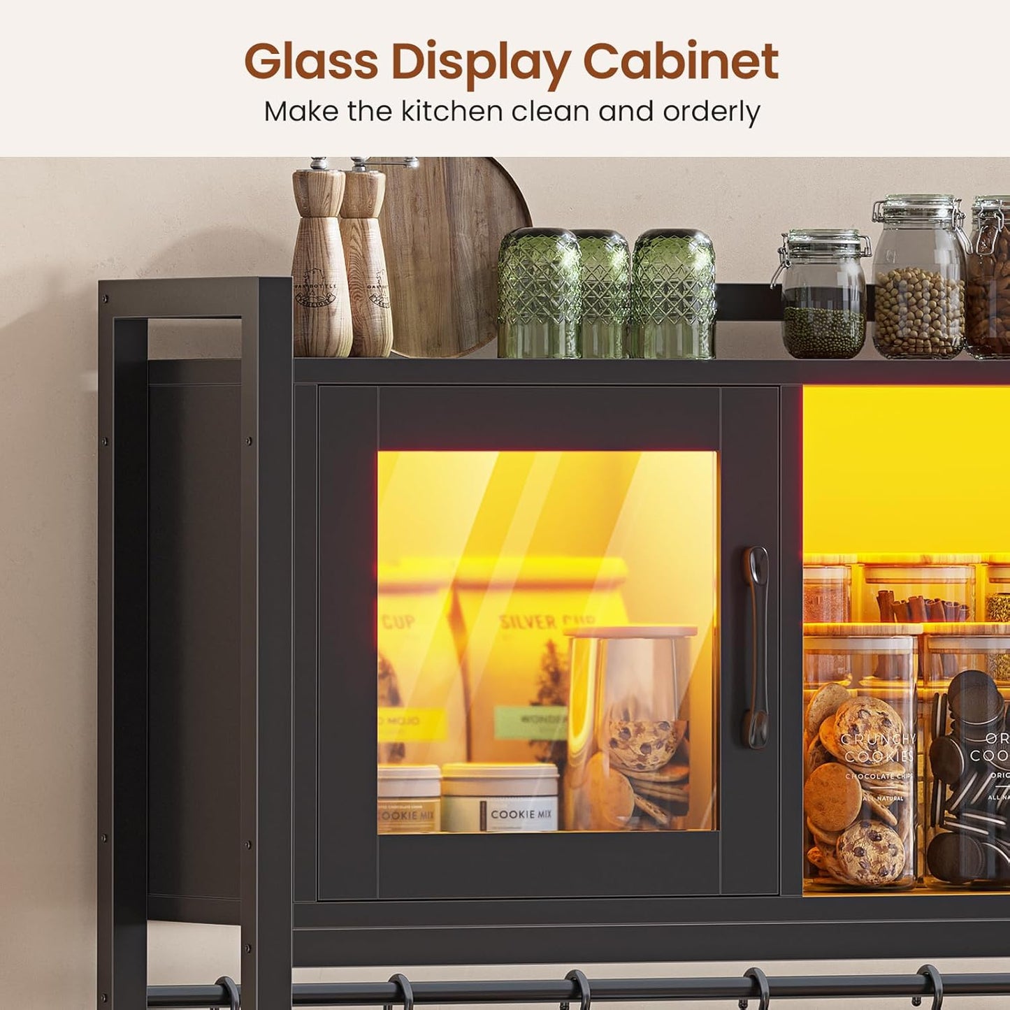 Itaar Bakers Rack with Power Outlet and LED Light, 47.2'' Microwave Stand with Storage, Kitchen Coffee Bar Cabinet with Glass Door, 4 Drawer, Wine Rack, Goblet Holder and 12 Hooks, Black