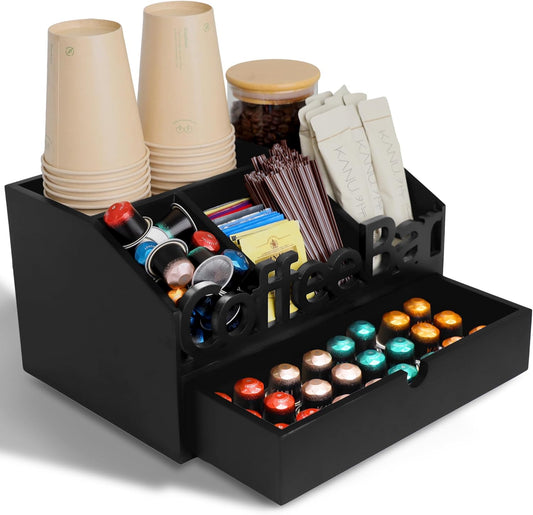 Coffee Bar Organizer for Countertop - Wooden Coffee Organizer Station, Coffee Station Organizer for Home & Office, K Cup Stand for Counter, Coffee and Tea Organizer - Black Drawer Type