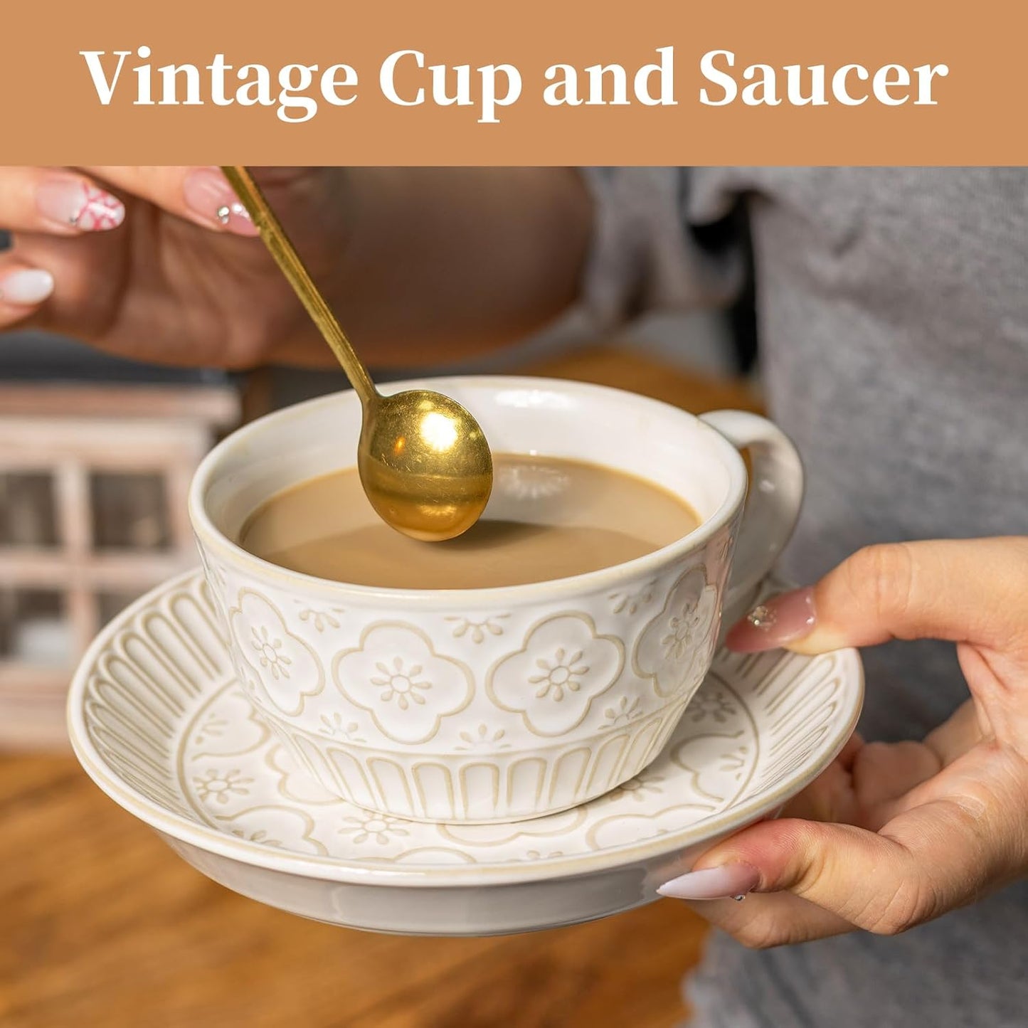 Latte Cup with Saucer, 12 OZ Cappuccino Cup Vintage Cafe Art Cups for Espresso Turkish Coffee, Farmhouse Latte Mugs Tea Cups and Saucers Porcelain Set for Baristas Great Gift