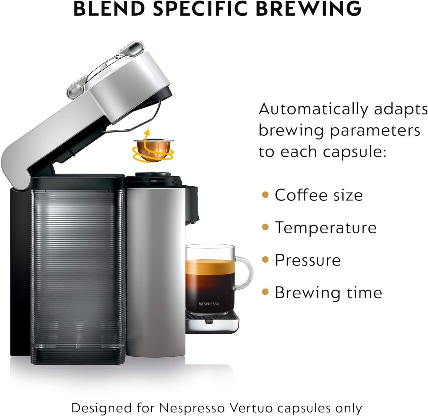 Nespresso Vertuo Coffee and Espresso Machine by De'Longhi, 1597 milliliters, Silver
