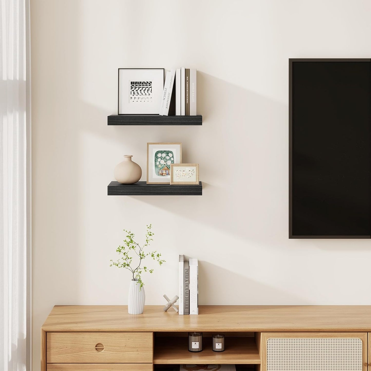 Floating Shelves for Wall, Real Wood Floating Shelf Set of 2, 8 Inch Deep Floating Shelves, Rustic Wood Wall Shelf for Home Decor, Deep Storage Shelves for Bathroom, Kitchen, 16"W x 8"D, Black Color