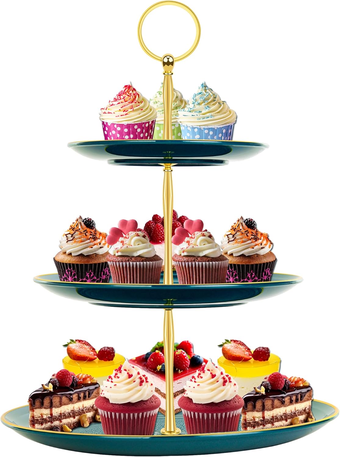 PinCute Cupcake Stand Holder - 3 Tier Cup Cake Dessert Stands, Plastic Tiered Serving Tray&Metal Rod for Birthday Party, Wedding, Tea Party, Baby Shower-Green