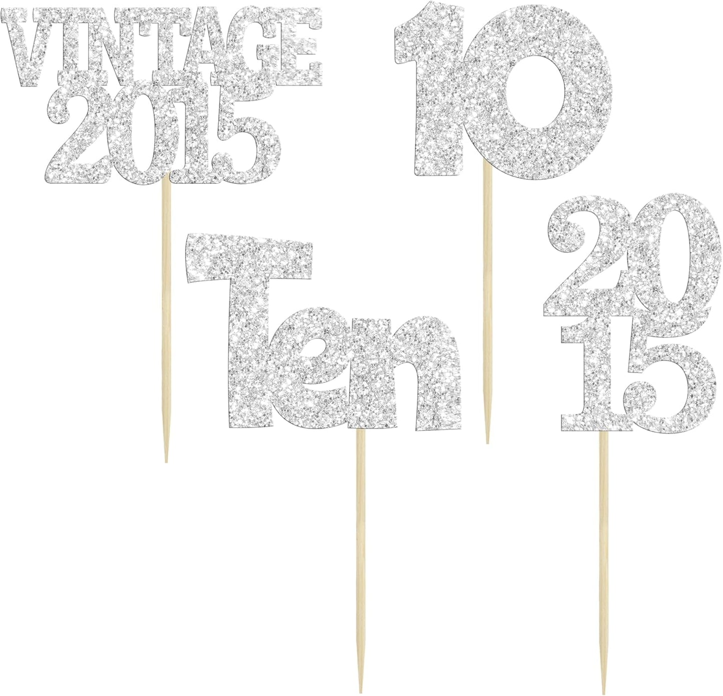 Gyufise 24Pcs 10th Birthday Cupcake Toppers Glitter Ten Vintage 2015 Hello 10 Years Birthday 10 Cupcake Picks Double Digits Cake Decorations for Happy 10th Birthday Anniversary Party Supplies Silver