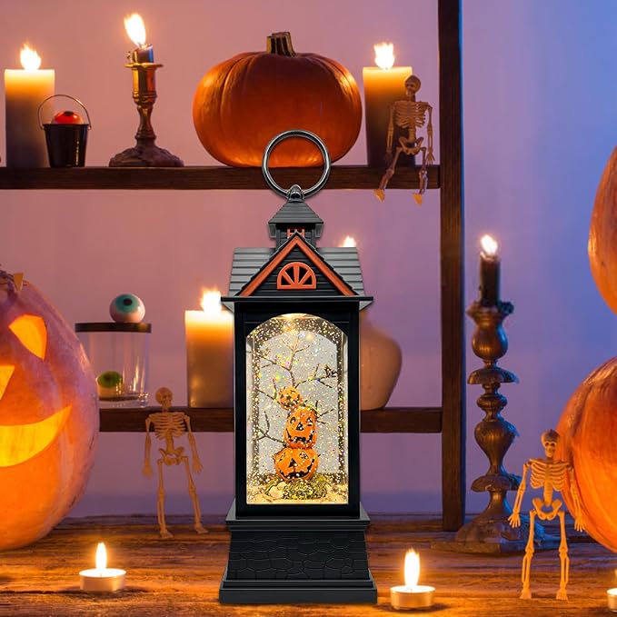 Halloween Snow Globe Lantern with 6 Hour Timer,Halloween Decorations Indoor for Home,Halloween Decor,USB or Battery Powered for Halloween Lanterns,Halloween Pumpkin Lantern
