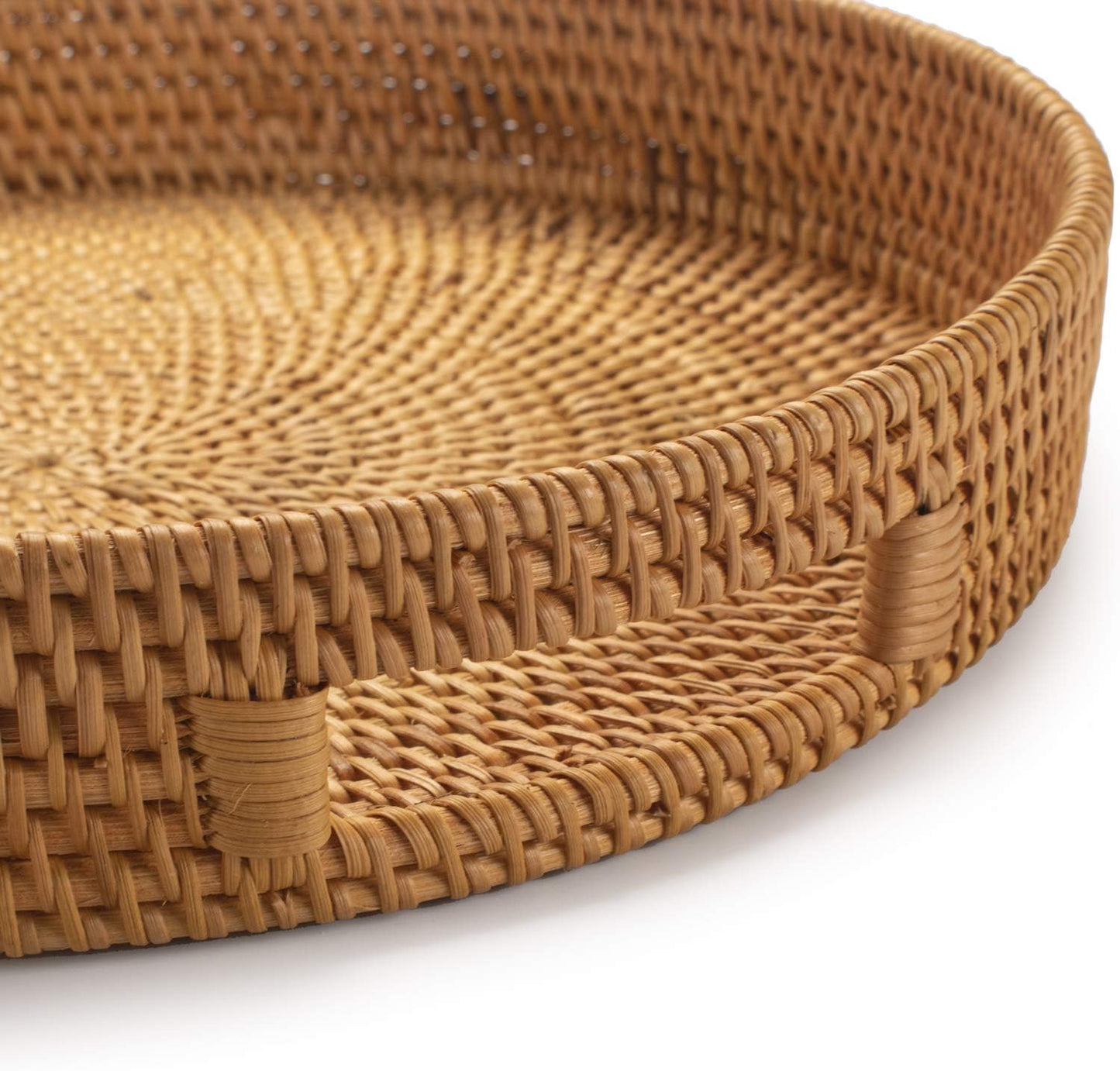 Coffee Table Tray Round Rattan Ottoman Tray Woven Serving Trays with Handles for Home and Kitchen Decorative Natural (Large 14 inch x 2.8 inch)