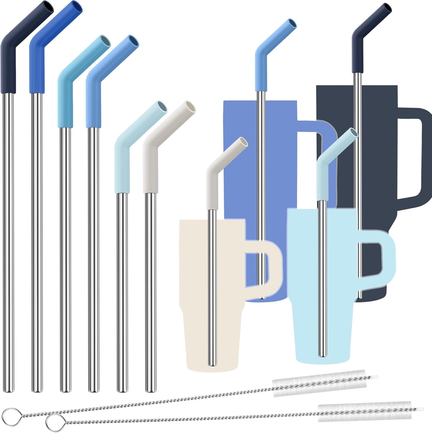 Tomorotec 6-Pack Reusable Stainless-Steel Straws with Silicone Tips, 3 Sizes Compatible with Stanley Tumblers 40OZ 30OZ 20OZ 14OZ, Dishwasher Safe, Includes 2 Cleaning Brushes (Ocean Gradient)