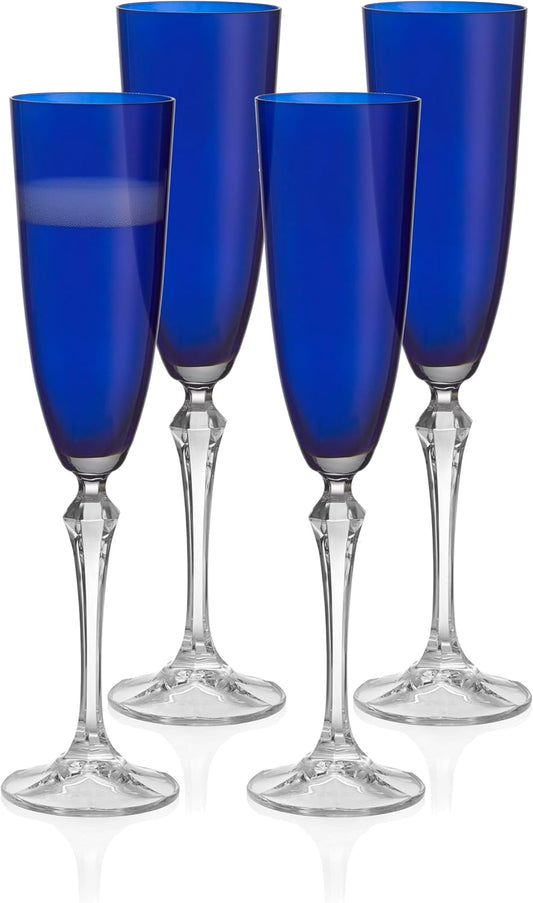 Barski Champagne Flute Glasses - Set of 4 - Blue Colored Cup with Clear Stem - Each Glass is 7 oz., for Prosecco, Sparkling Wine, Mimosas, Cocktails, Weddings Anniversaries - Made in Europe