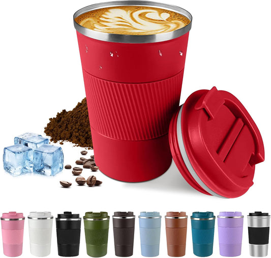 Vacuum-Insulated Stainless Steel Travel Coffee Mug, Leak-Proof Reusable Coffee Cup with Lid - Keep Hot & Cold Drinks for Hours, Durable Thermos Tumbler for Men & Women (3rd-Red, 12OZ)