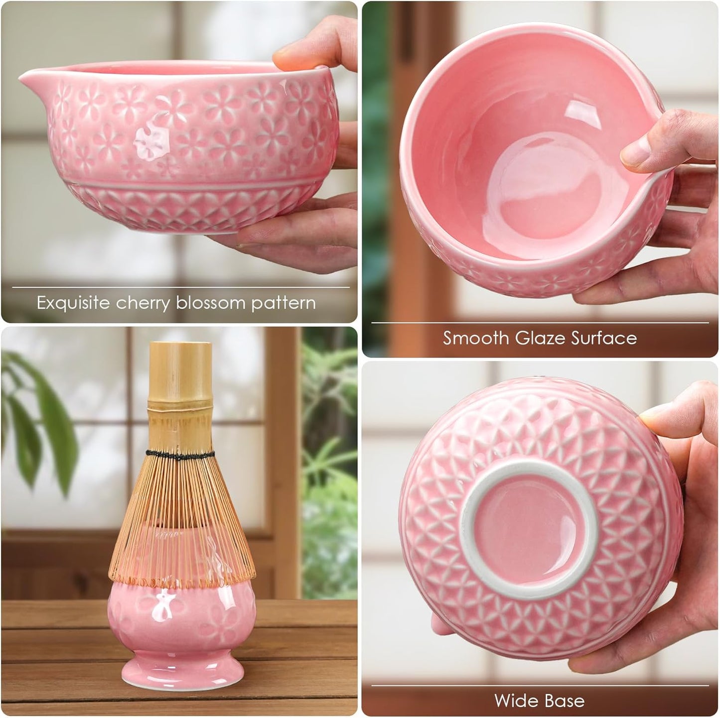 7Pcs Matcha Whisk Set, Ceramic Matcha Bowl with Spout, Bamboo Whisk and Holder, Bamboo Scoop, Scoop Rest, Sifter and Tea Towel, Matcha Kit with Cherry Blossom Carved Patterns for Matcha Lovers (Pink)