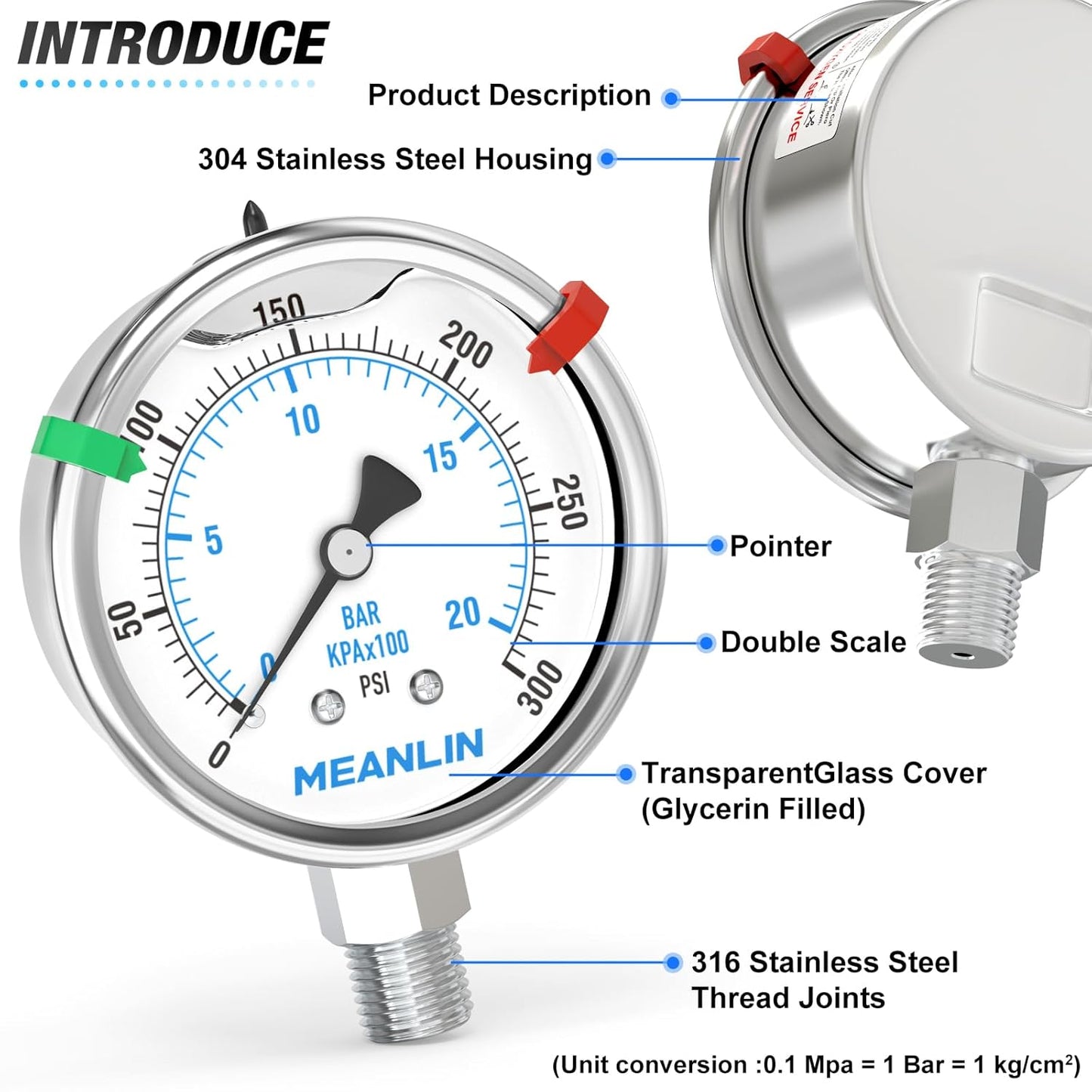 MEANLIN MEASURE 0~300Psi Stainless Steel Liquid Filled Pressure Gauge 2.5" FACE DIAL 1/4" NPT for Air Compressor Air Regulator Water Filter Lower Mount with Stainless Steel Hex Bushing and Snaps