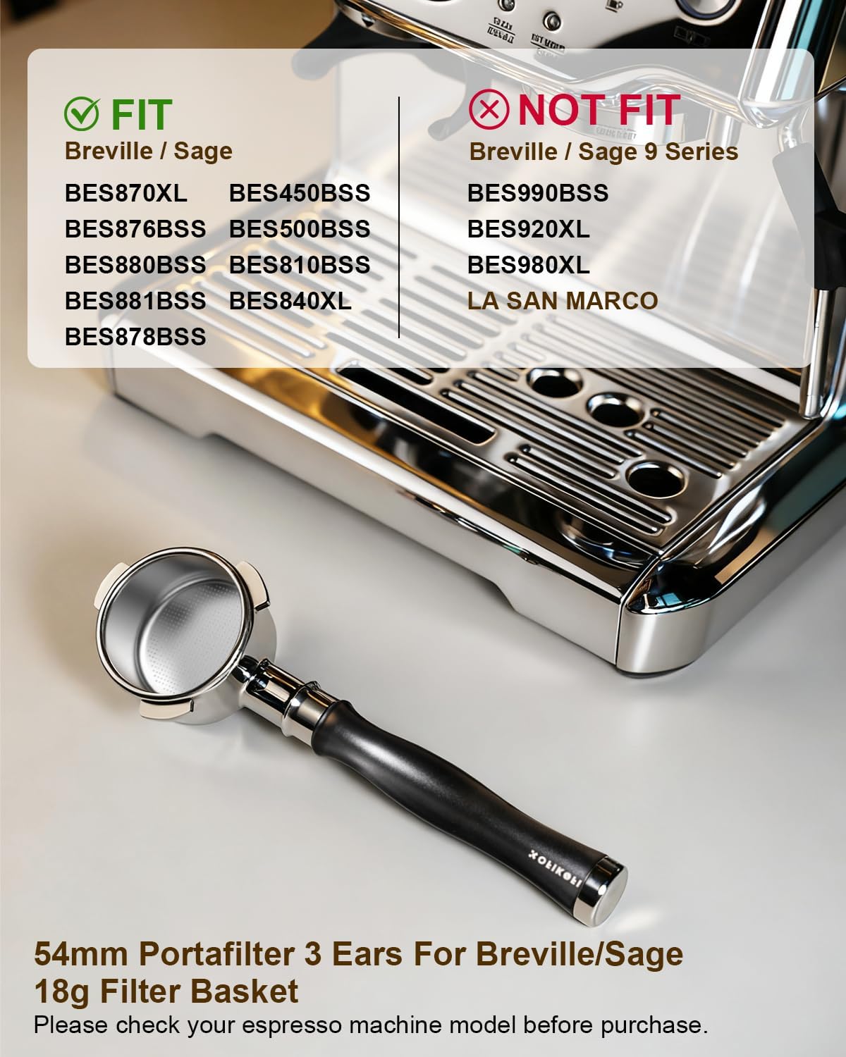 54mm Bottomless Portafilter, 3 Ears Bottomless Naked Portafilter Compatible with Breville/Sage Barista Express BES870/876/878/880/881/450/500/810/840, with Puck Screen and 18g Filter Basket