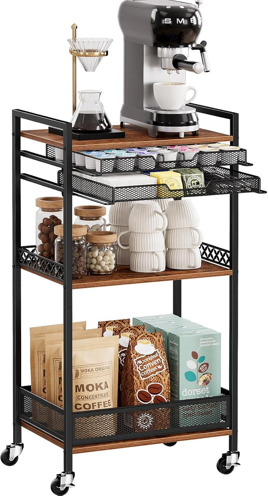 K Cup Holder Rack, Coffee Station Organizer for Nespresso Vertuo and K Cup Capsules, Multi-Functional Bar Accessories Organizer With Wheels for Living Room, Kitchen