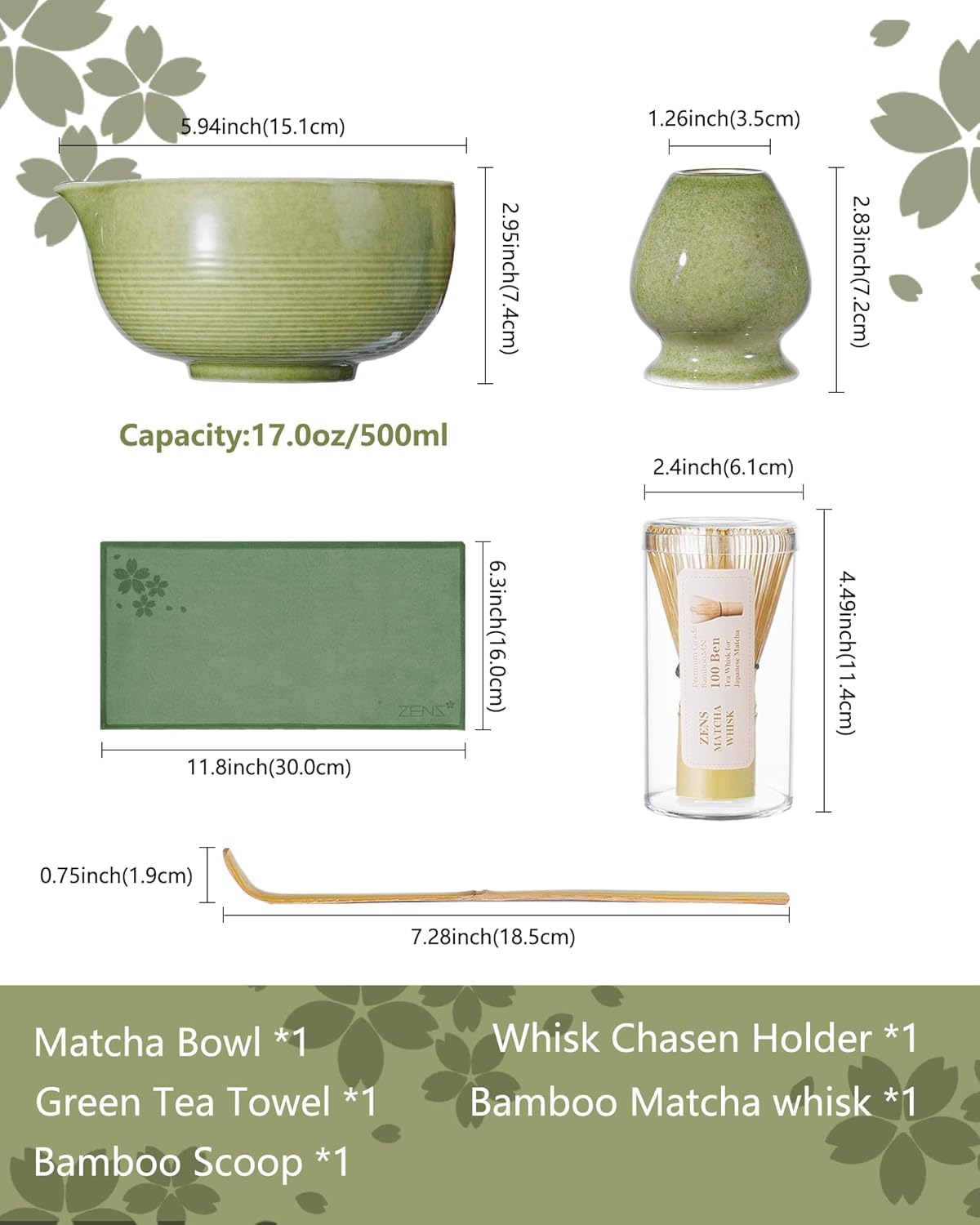 ZENS Matcha Whisk Set, 15oz Ceramic Matcha Bowl with Spout and Bamboo Whisk, (Chasen Holder) Scoop & Tea Towel, 5pcs Matcha Kit for Matcha Lovers, Emerald Green