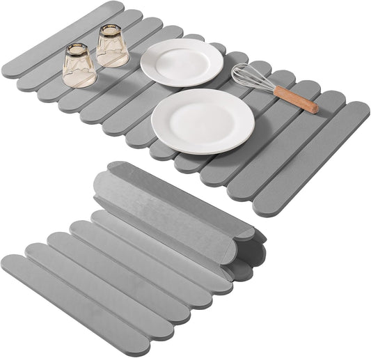 Extral Large Quick Dry Stone Drying Mat for Kitchen Counter,28"(L)x16"(W) Collapsible Eco-Friendly Absorbent Diatomaceous Earth Mat for Dishes Cups,Dish Drying Mats (Medium gray-Ellipse, 28x16 inch)