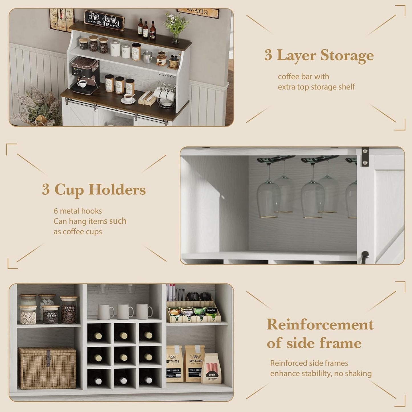 47 Inch Farmhouse Coffee Bar Cabinet with 3-Tier Storage, Kitchen Hutch with 9 Wine Racks & 3 Glass Holders, Coffee Bar with 6 Hooks, Wine Bar Cabinet for Dining Living Room, White