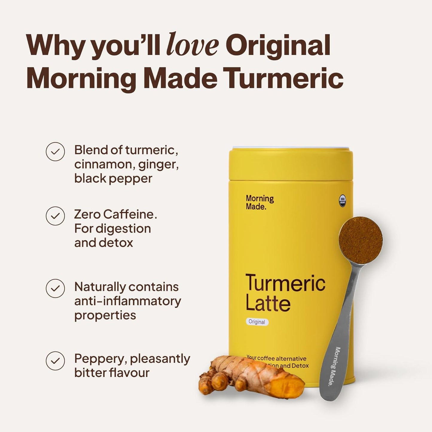Morning Made Turmeric Latte Powder | Organic Turmeric, Ginger, Cinnamon & Black Pepper Blend, Caffeine-Free Coffee Alternative | Vegan, Gluten-Free, Low Sugar | 10.6oz (60 Serves)