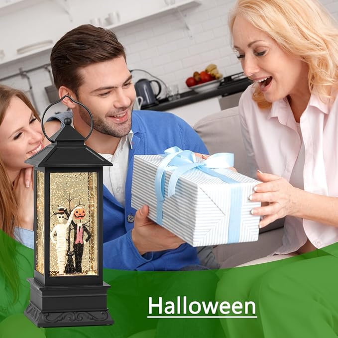 Halloween Snow Globes, Skull and Black Cat Scene Snow Globes, Glittering Lantern with Timer, Snow Globe Lantern USB or Battery Powered for Halloween Decor