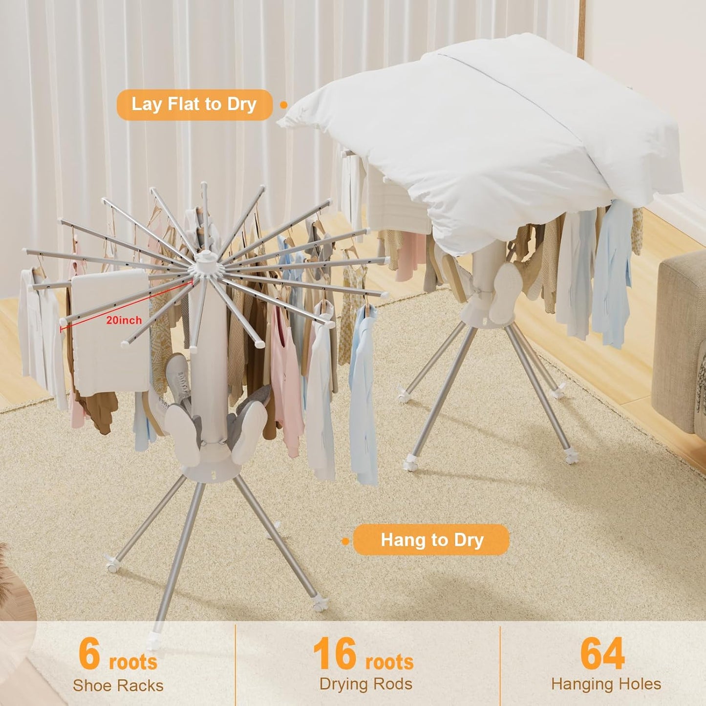 4-Legged Clothes Drying Rack Foldable, Portable Laundry Drying Racks, Outdoor Collapsible Drying Rack Clothing with 4 Pulleys and Anti-Slip Holes, Aluminum Indoor Dry Rack for Clothes, Shoes, Towel