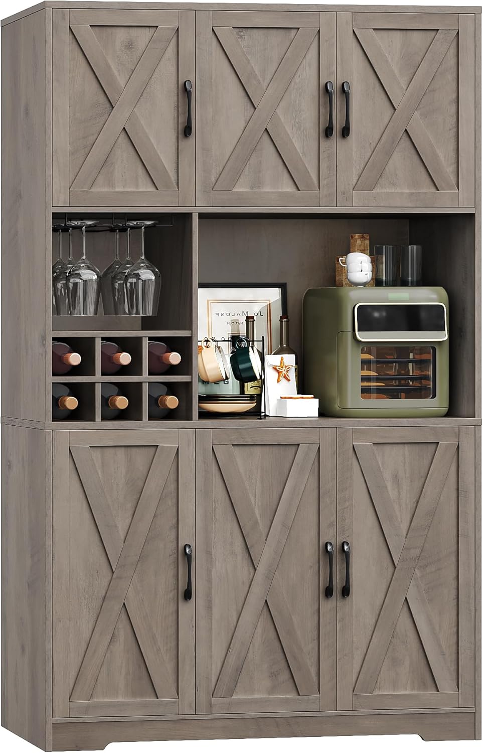 HOSTACK Kitchen Pantry Storage Cabinet, 71" Tall Food Pantry Cabinet with Microwave Stand, Farmhouse Kitchen Hutch, Coffee Bar Hutch with Wine Rack for Dining Room, Living Room, Ash Grey