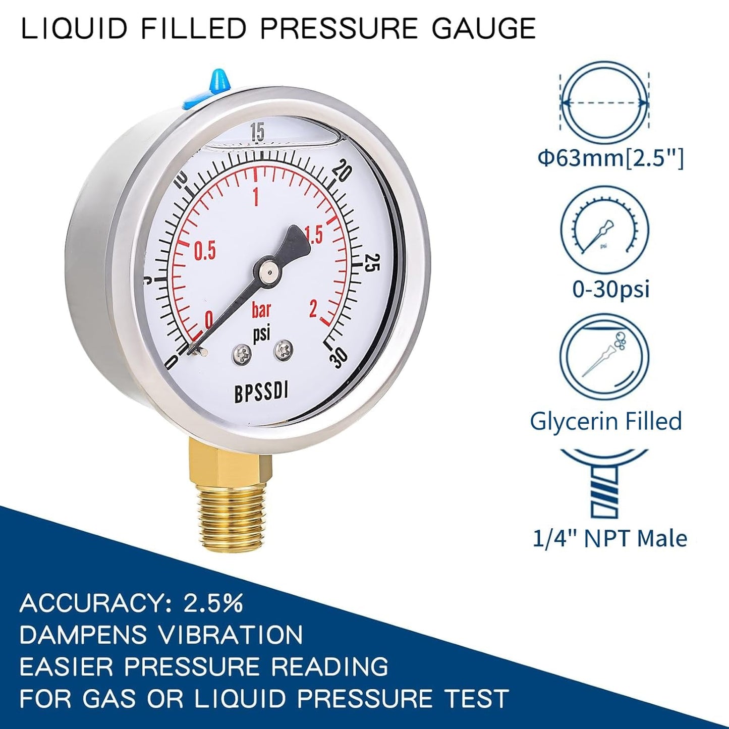 0-30 Psi Glycerin Liquid Filled Low Pressure Gauge, 2.5" Dial Size, 1/4" NPT Lower Mount, 304 Stainless Steel Case, for Water Pipe, HVAC, Water Oil Air Pressure Test