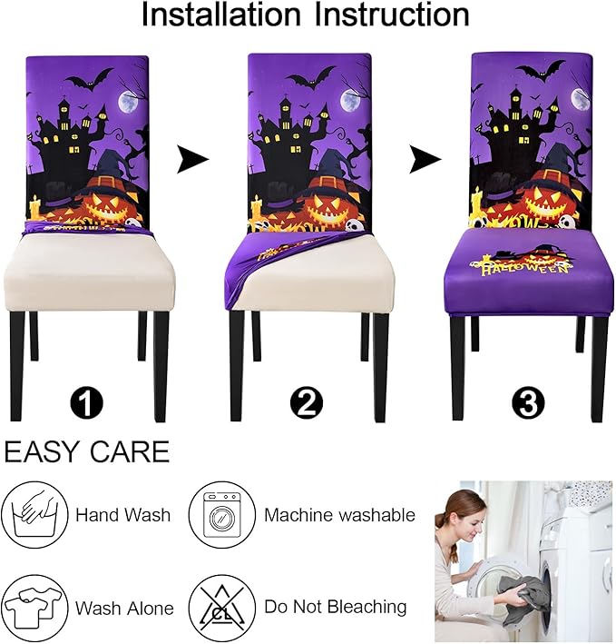 JQinHome Purple Halloween Chair Slipcover, Castle Chair Covers Set of 4, High Stretch Washable Chair Protector Cover for Dining Room, Kitchen,Home Party,Wedding Ceremony(Purple,4PC)