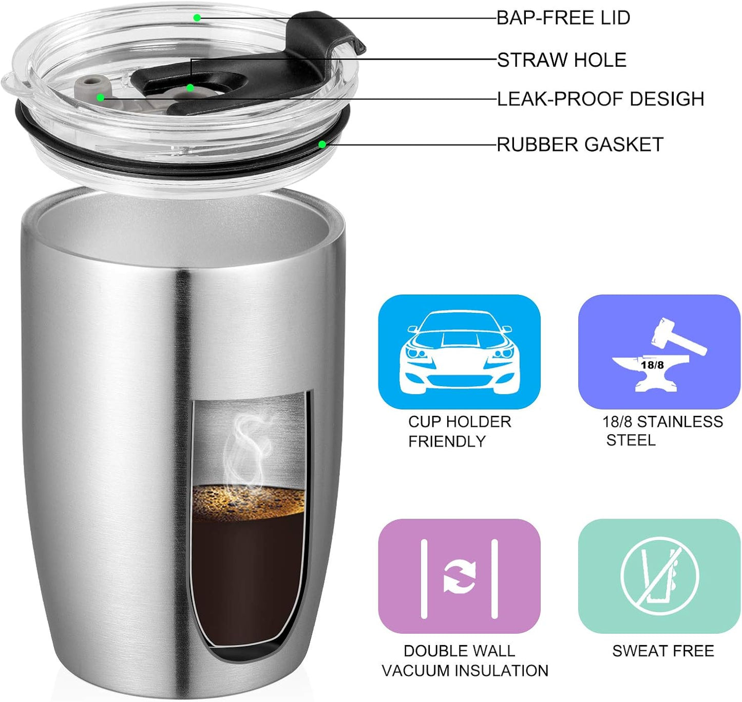 VEGOND Stainless Steel 12 oz Tumblers bulk Vacuum Insulated Double Wall Travel Tumbler with Lid and Straw Reusable Tumbler, Stainless 1 Pack